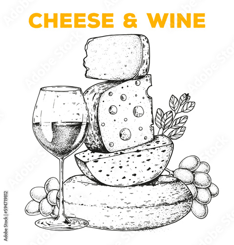 Cheese and wine sketch, hand drawn illustration. Food design template. Vector illustration with collection of cheese and wine. Engraved style image. Dairy farm products cheese.