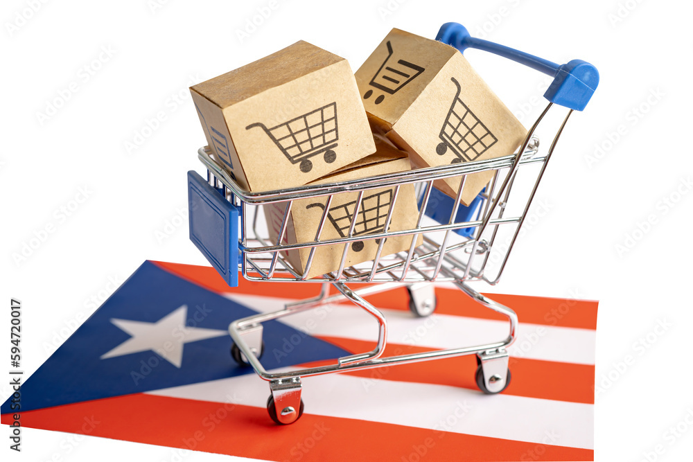 Box with shopping online cart logo and Puerto Rico flag, Import Export Shopping online or commerce finance delivery service store product shipping, trade, supplier concept.