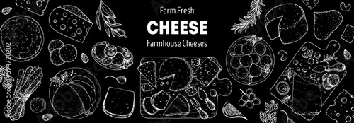 Cheese sketch, hand drawn illustration, top view frame. Food design template. Package pattern. Vector illustration with collection of cheese. Engraved style image. Dairy farm products cheese.