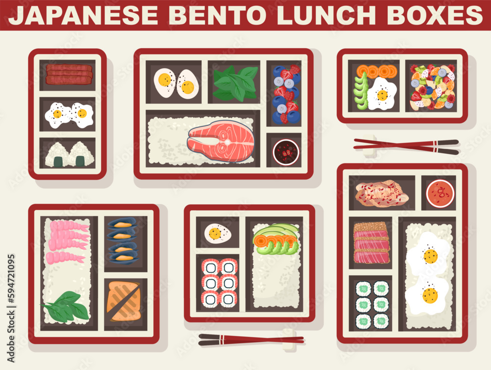 Bento top view set. Japanese lunch boxes with traditional dishes. Bento top view set. Japanese lunch boxes with traditional dishes.