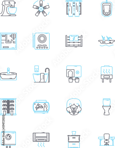 Housewares shop linear icons set. Kitchenware, Glassware, Cookware, Tableware, Cutlery, Bakeware, Utensils line vector and concept signs. Linens,Appliances,Dishes outline illustrations photo