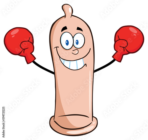 Smiling Condom Cartoon Mascot Character Fighter Wearing Boxing Gloves. Hand Drawn Illustration Isolated On Transparent Background