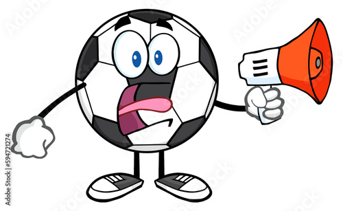 Soccer Ball Cartoon Mascot Character Using A Megaphone. Hand Drawn Illustration Isolated On Transparent Background