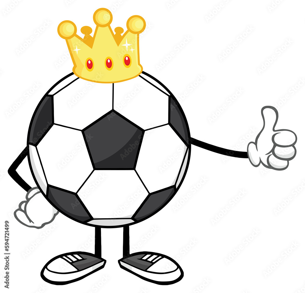 Fototapeta premium King Soccer Ball Faceless Cartoon Mascot Character With Golden Crown Giving A Thumb Up. Hand Drawn Illustration Isolated On Transparent Background
