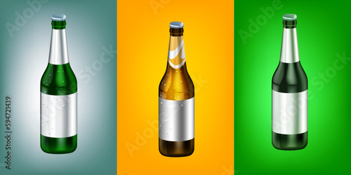 Vector set of illustration of beer bottle on color background with shadow, label and cap. 3d style design of beer bottle