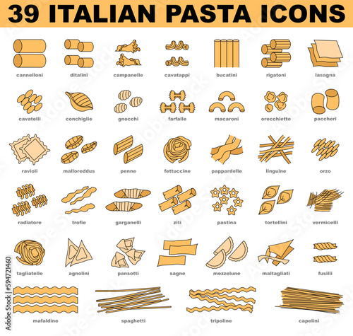 Italian pasta icons set. Simple traditional food of different shapes