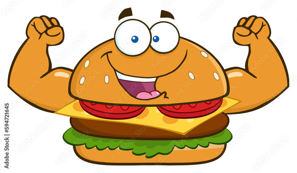 Funny Burger Cartoon Mascot Character Flexing His Muscles. Hand Drawn Illustration Isolated On Transparent Background Funny Burger Cartoon Mascot Character Flexing His Muscles. Hand Drawn Illustration Isolated On Transparent Background