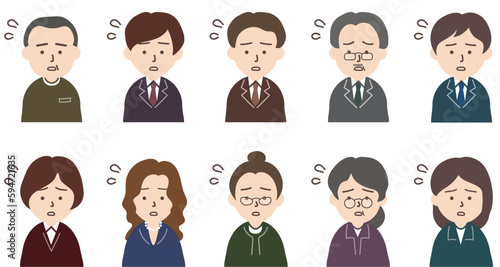 スーツを着た男性と女性人物のアイコンセット_焦り顔