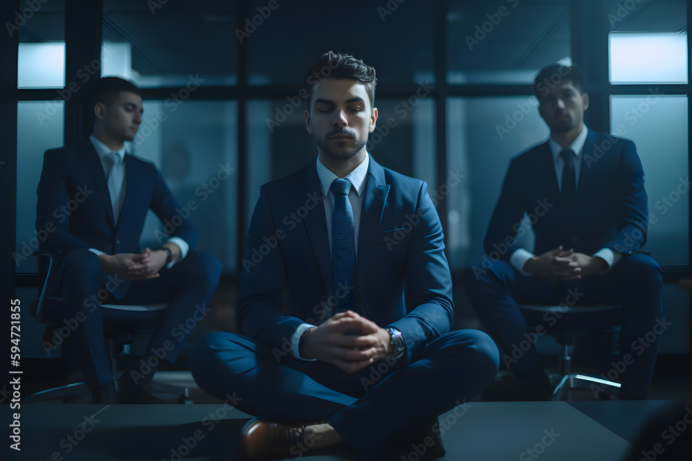 Businessman sits in a lotus position on a table among his colleagues at a business meeting, planning meeting, conference. Solitude in the midst of hard work relaxing stress. Generative AI. Businessman sits in a lotus position on a table among his colleagues at a business meeting, planning meeting, conference. Solitude in the midst of hard work relaxing stress. Generative AI.