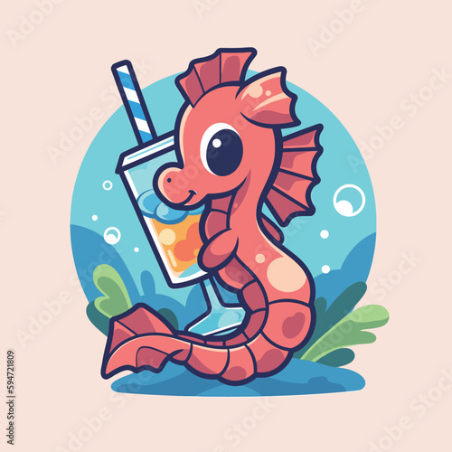 Cartoon funny seahorse mascot drinking beverage vector illustration character summer animal icon