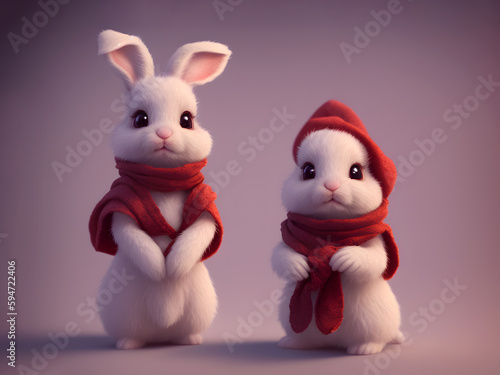 Cute little white rabbits in a red scarf on a gray background. Valentine's day. Christmas. Generative AI technology.  © vachom
