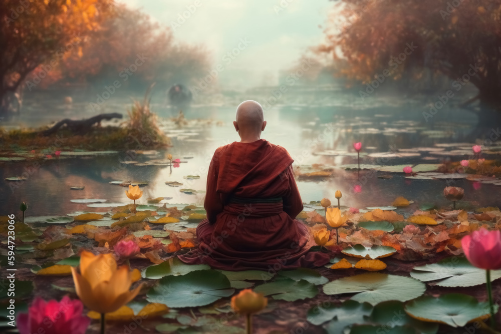 Buddhist monk in front of the pond with lotus flowers. Generative AI Buddhist monk in front of the pond with lotus flowers. Generative AI