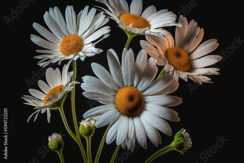 In contrast to the dark backdrop, daisies bloom. Generative AI photo