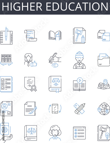 higher education line icons collection. Advanced learning, Further studies, Supplementary training, Enhanced instruction, Expanded knowledge, Upgraded schooling, More education vector and linear