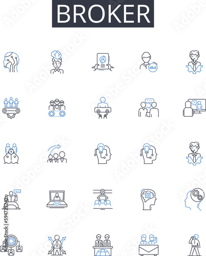 Broker line icons collection. Agent, Dealer, Representative, Intermediary, Negotiator, Facilitator, Liaison vector and linear illustration. Middleman,Arbiter,Advocate outline signs set