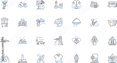 Ocean adventure line icons collection. Aquatic, Sail, Surf, Snorkel, Dive, Bounty, Pirates vector and linear illustration. Mariner,Marine,Treasure outline signs set