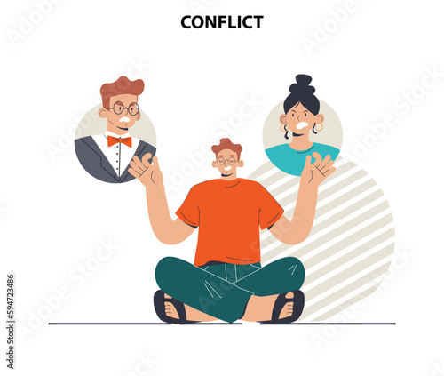 Conflict concept. Controversy or disagreement between people. Calm man