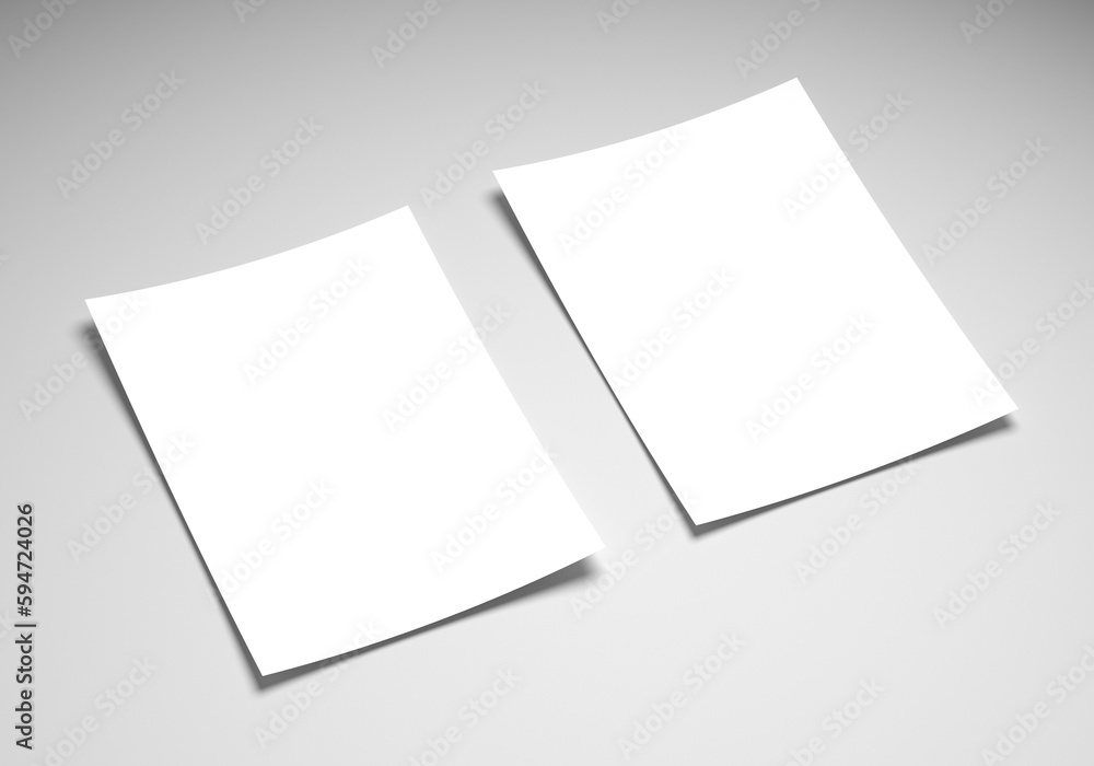 Two blank sheets of paper on white background. Poster or flyer mockup or template for custom design. 3D Illustration Two blank sheets of paper on white background. Poster or flyer mockup or template for custom design. 3D Illustration