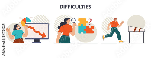 Business or professional difficulties set. Character dealing with obstacles