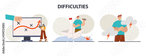 Business or professional difficulties set. Character dealing with obstacles