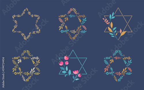 Jewish symbol. Star of David with leaves, flowers collection. Bat and Bar Mitzvah concept design