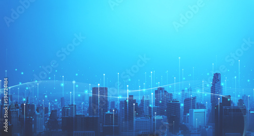 Smart city and big data network connection. capital large business district skyscrapers with abstract dots connect in complex undulating pattern. Concept of modern technology and business