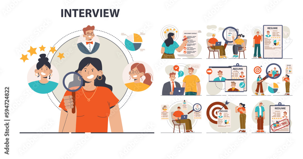 Job interview set. Personnel recruitment or hiring procedure. Human resources Job interview set. Personnel recruitment or hiring procedure. Human resources