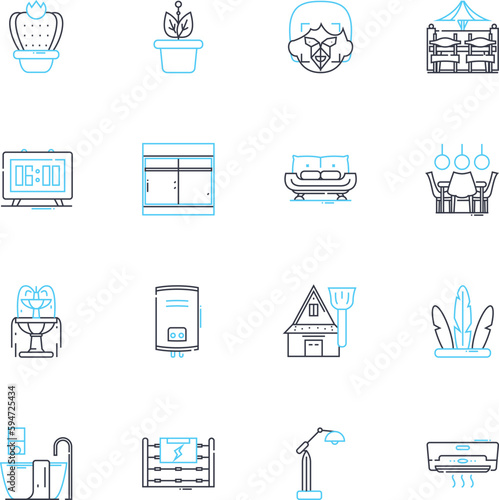 Condos linear icons set. Urban, High-rise, Luxurious, Amenities, View, Location, Modern line vector and concept signs. Spacious,Cozy,Secure outline illustrations