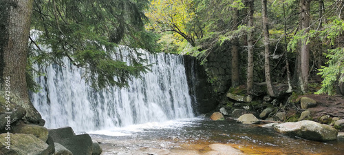 scenery of the wild waterfall on the Lomnica river  Karpacz. Poland