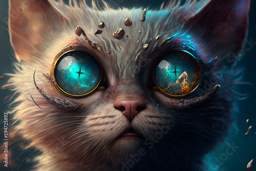 Illustration fantasy futuristic cat with big eyes AI generative photo