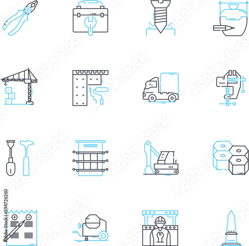 Blueprinting linear icons set. Drafting, Planning, Scaling, Architecture, Blueprint, Design, Layout line vector and concept signs. Diagram,Schematic,Technical outline illustrations