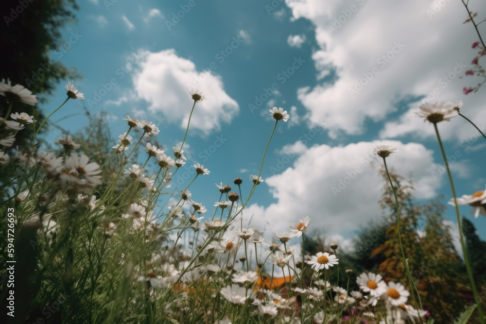 Wide angle photo of wild  flowers during the day with blue sky and white clouds