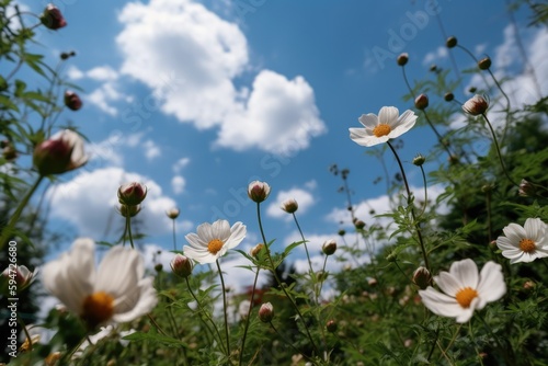 Wide angle photo of wild  flowers during the day with blue sky and white clouds