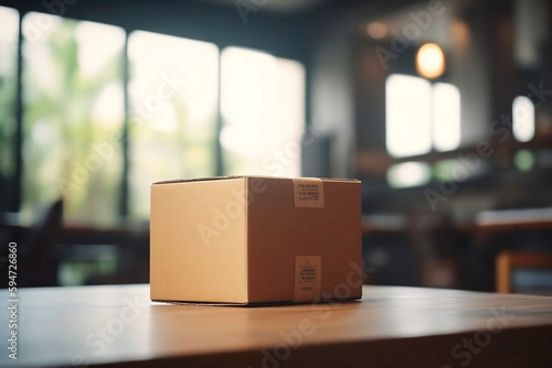 Delivery Package on Table with Blurred Home Background. Shopping online concept © Thares2020