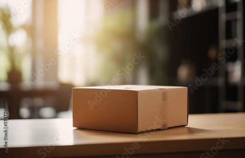 Delivery Package on Table with Blurred Home Background. Shopping online concept © Thares2020