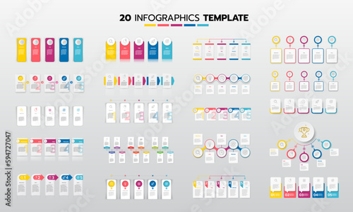 Business infographic template set process with simple geometry square, rectangle, circle, triangle, curves in flat design template with thin line icons and 5 options or steps. Vector illustration.