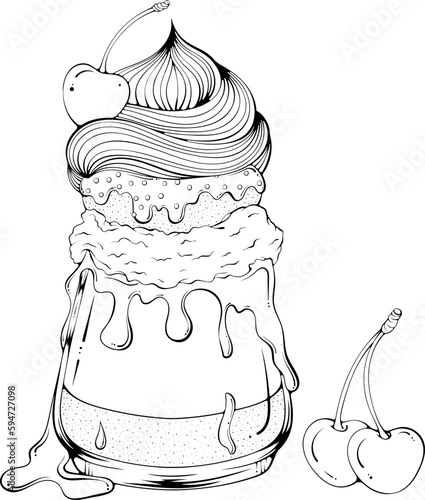 Freakshakes dessert with cherry. Milk shake cocktail. Design for menu, milk shake cafe, candy shop, coloring book. Vector illustration in hand drawn cartoon sketch style. Line art isolated on white
