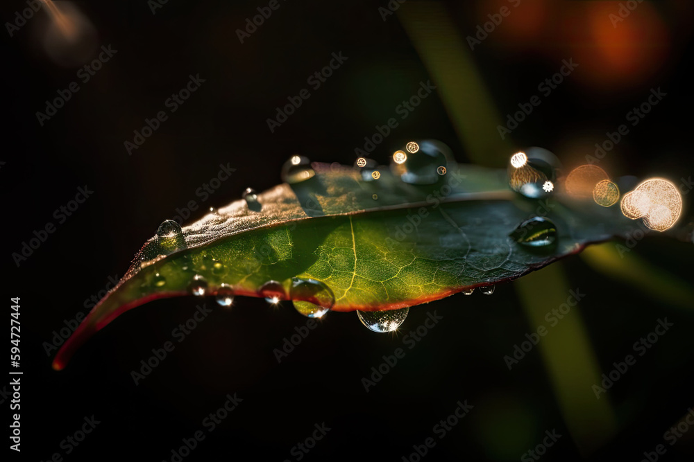 Drops of clean transparent water on leaf. Spring summer natural background. Generative AI Drops of clean transparent water on leaf. Spring summer natural background. Generative AI