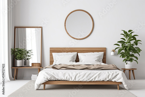 Minimalist bedroom interior design with king bed, plants, frames and mirror. Generative AI © barmaleeva