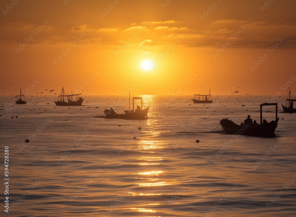 Sunset over the sea, fishing boats at sunset