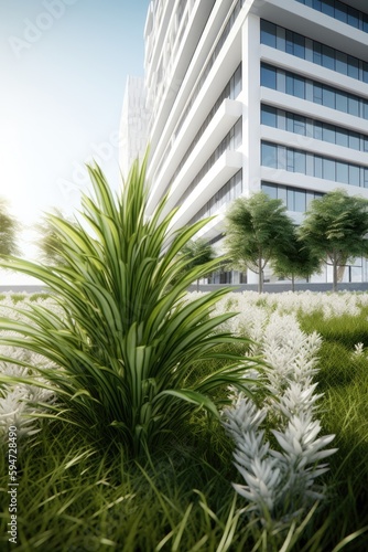 Plants closeup with office building behind. Generative AI © AdriFerrer