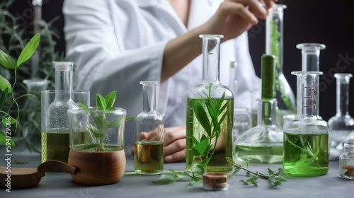 skin care beauty products in laboratory development concept, Natural research with organic plants and scientific extraction in glassware, green herb medicine for body health care