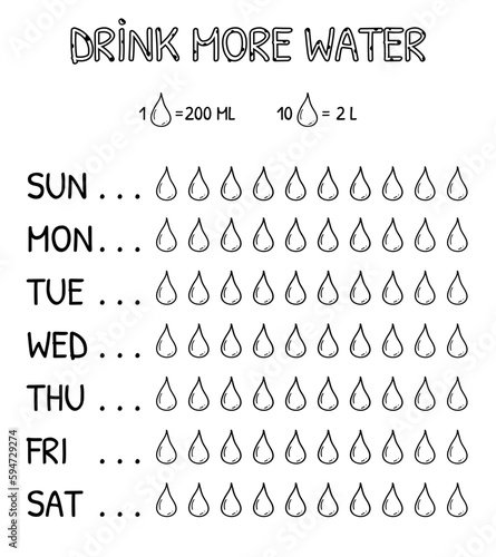 Weekly water tracker vector template. Doodle drinking water checklist. Black minimalism style. Drink more water