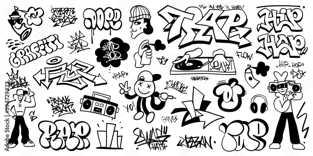
rap music, graffiti, street style vector doodle set , design elements
