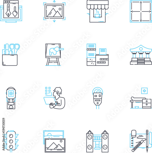 Layout linear icons set. Composition, Design, Arrangement, Format, Configuration, Blueprint, Structure line vector and concept signs. Organization,Geometry,Mapping outline illustrations