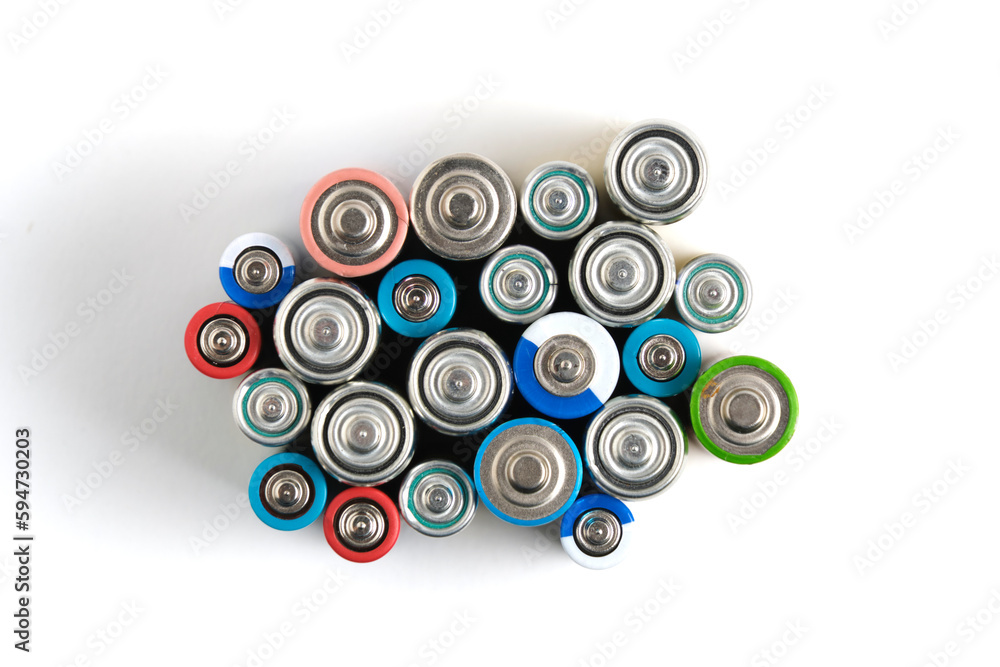 Lots different batteries white background. Lots different batteries white background.