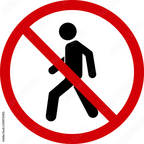 Sign is no pedestrian. Prohibition sign, no pedestrian crossing. Red crossed circle with a silhouette of a man inside. It is not allowed to go over. Round red stop sign, do not cross road.