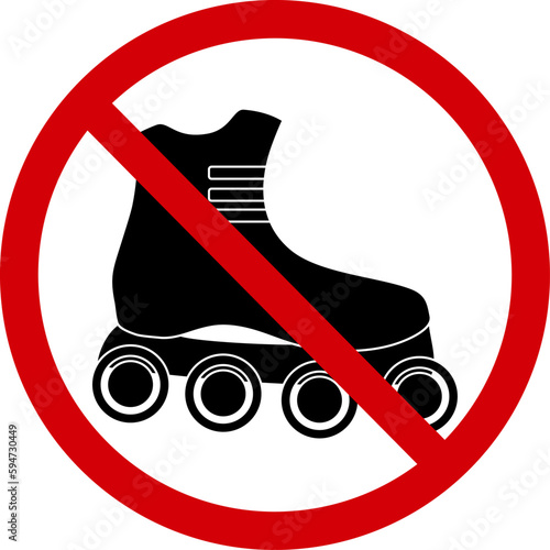 No rollerblading sign. Prohibition sign, no rollerblading. Red crossed circle with a silhouette of rollers inside. Rollerblading ban. Round red stop roller sign. No roller skates.