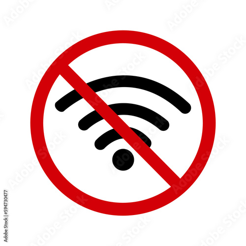 No wifi sign. Prohibition sign, no wifi zone. A red crossed out circle with a wifi icon inside. Wifi is not allowed. WiFi ban. Round red stop wifi sign.