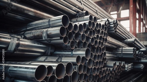 Steel Pipes bunch in the steel factory. Generative AI photo